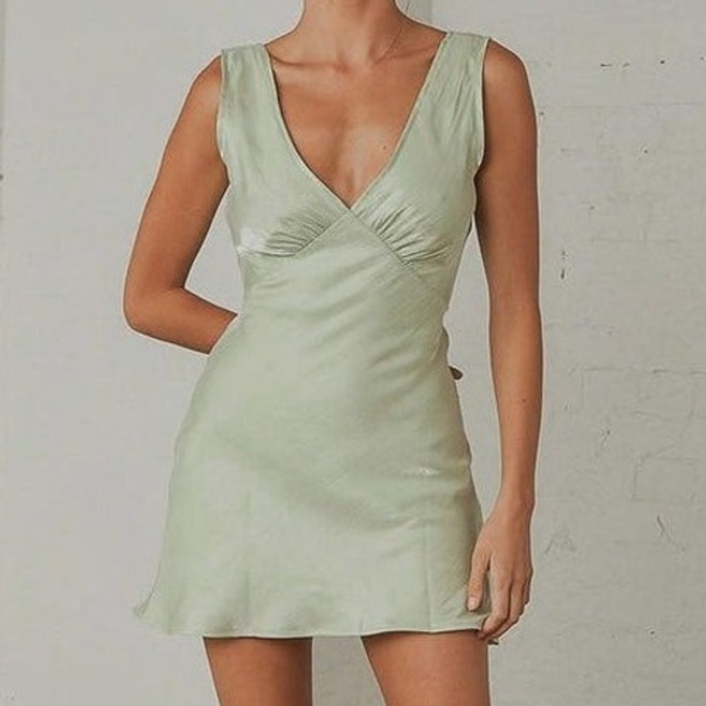 Peppermayo Exclusive Audrey Vintage Slip Mini Dress VNeck Sage Green 4 Fairycore